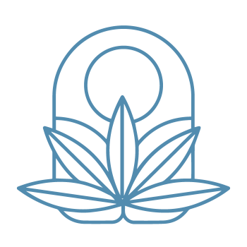 Blue line art of a cannabis leaf with a circular arch on a white background